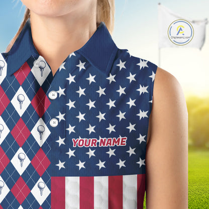 Womens Golf Sleeveless Polo Shirts American Flag Patriotic Custom Golf Ball Argyle Pattern Womens Golf Polos NYN3381
