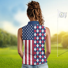 Load image into Gallery viewer, Womens Golf Sleeveless Polo Shirts American Flag Patriotic Custom Golf Ball Argyle Pattern Womens Golf Polos NYN3381