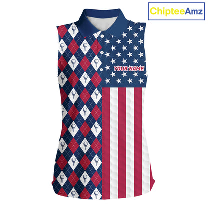 Womens American flag golf sleeveless polo shirt custom golf ball argyle patriotic golf polo