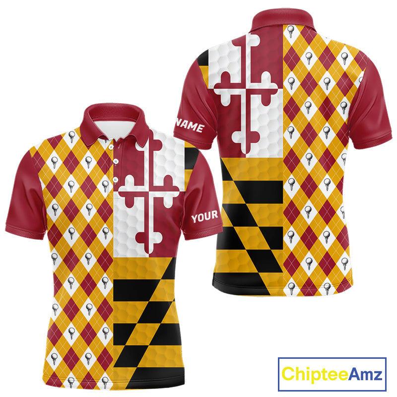 Mens Maryland flag golf polo shirt custom golf ball argyle patriotic golf polo