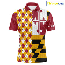 Load image into Gallery viewer, Mens Maryland flag golf polo shirt custom golf ball argyle patriotic golf polo