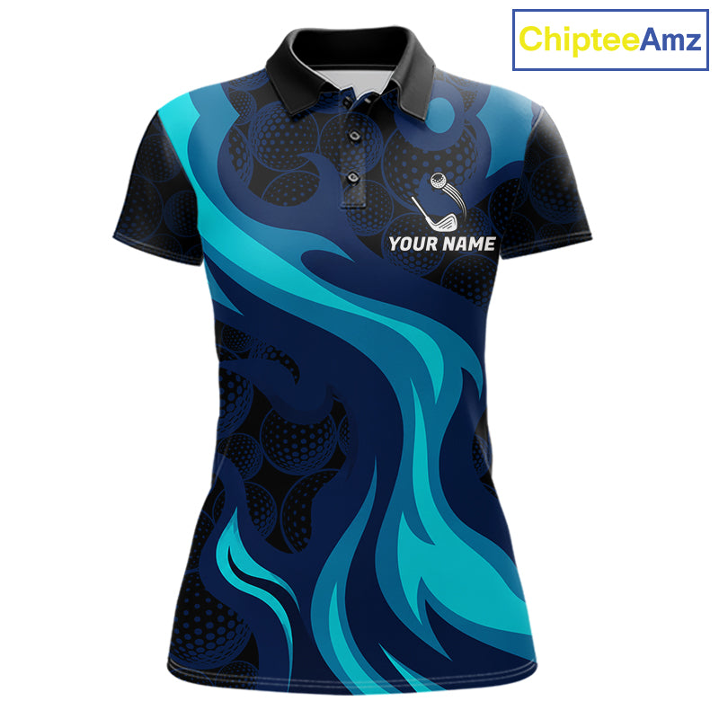 Womens black and blue golf ball pattern polo shirt golf team outfit