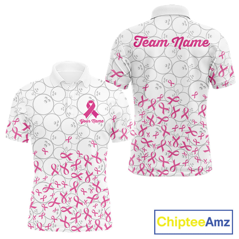 Custom Pink Ribbon Pattern White Camo Bowling Shirts For Men, Breast Cancer Team Bowling Shirts NYN4326