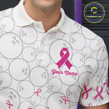 Custom Pink Ribbon Pattern White Camo Bowling Shirts For Men, Breast Cancer Team Bowling Shirts NYN4326