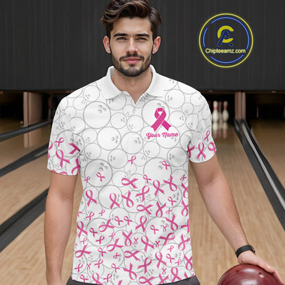 Custom Pink Ribbon Pattern White Camo Bowling Shirts For Men, Breast Cancer Team Bowling Shirts NYN4326