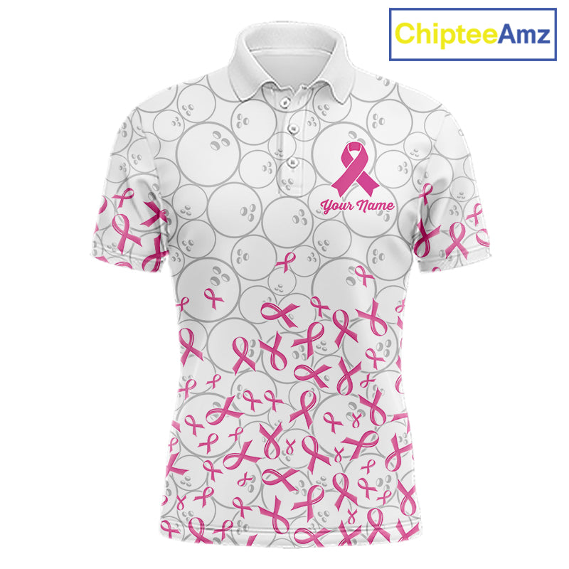 Custom Pink Ribbon Pattern White Camo Bowling Shirts For Men, Breast Cancer Team Bowling Shirts NYN4326