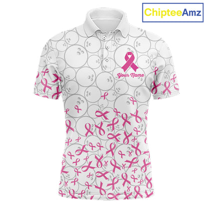 Custom Pink Ribbon Pattern White Camo Bowling Shirts For Men, Breast Cancer Team Bowling Shirts NYN4326