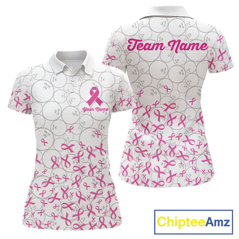Custom Pink Ribbon Pattern White Camo Bowling Shirts For Women, Breast Cancer Team Bowling Shirts NYN4326