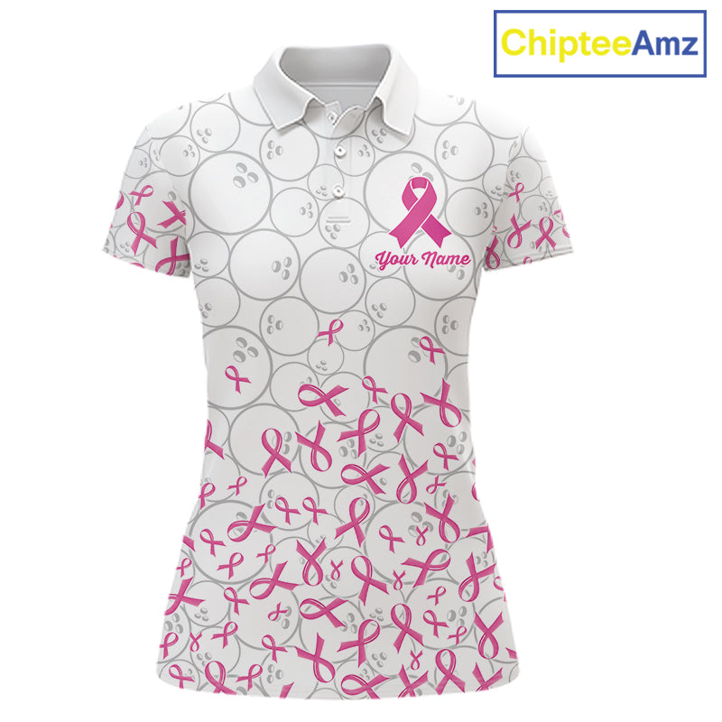 Custom Pink Ribbon Pattern White Camo Bowling Shirts For Women, Breast Cancer Team Bowling Shirts NYN4326
