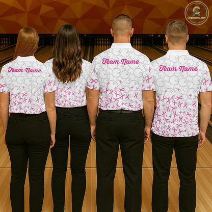 Custom Pink Ribbon Pattern White Camo Bowling Shirts For Men, Breast Cancer Team Bowling Shirts NYN4326
