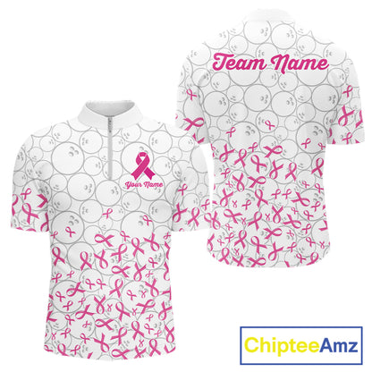 Custom Pink Ribbon Pattern White Camo Bowling Shirts For Men, Breast Cancer Team Bowling Shirts NYN4326