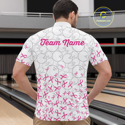 Custom Pink Ribbon Pattern White Camo Bowling Shirts For Men, Breast Cancer Team Bowling Shirts NYN4326