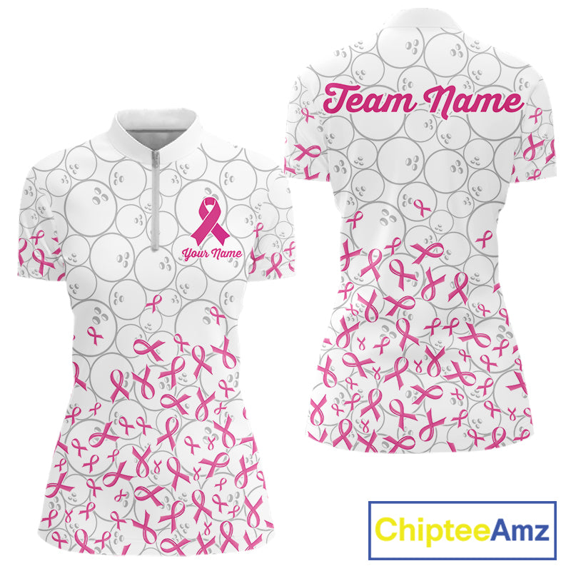 Custom Pink Ribbon Pattern White Camo Bowling Shirts For Women, Breast Cancer Team Bowling Shirts NYN4326