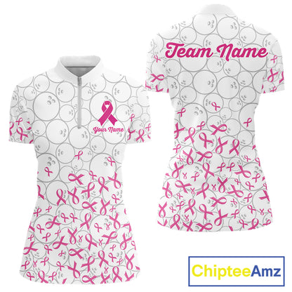 Custom Pink Ribbon Pattern White Camo Bowling Shirts For Women, Breast Cancer Team Bowling Shirts NYN4326