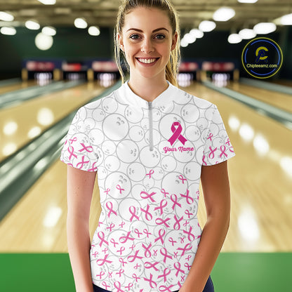 Custom Pink Ribbon Pattern White Camo Bowling Shirts For Women, Breast Cancer Team Bowling Shirts NYN4326