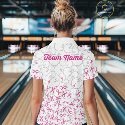 Custom Pink Ribbon Pattern White Camo Bowling Shirts For Women, Breast Cancer Team Bowling Shirts NYN4326