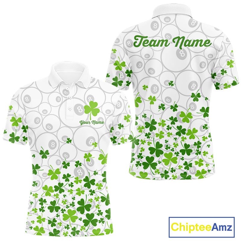Custom Green Shamrock Pattern White 8 Ball Billiard Shirts For Men St Patrick's Day Team Billiard Shirt NYN4327