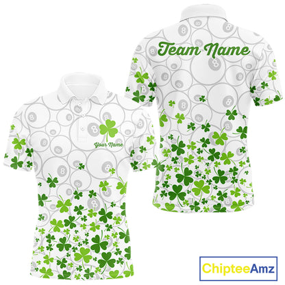 Custom Green Shamrock Pattern White 8 Ball Billiard Shirts For Men St Patrick's Day Team Billiard Shirt NYN4327