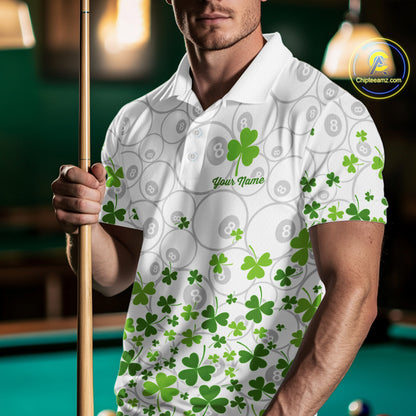 Custom Green Shamrock Pattern White 8 Ball Billiard Shirts For Men St Patrick's Day Team Billiard Shirt NYN4327