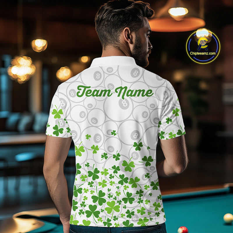 Custom Green Shamrock Pattern White 8 Ball Billiard Shirts For Men St Patrick's Day Team Billiard Shirt NYN4327