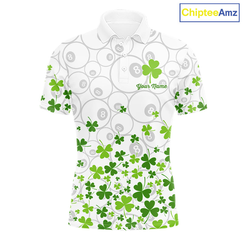 Custom Green Shamrock Pattern White 8 Ball Billiard Shirts For Men St Patrick's Day Team Billiard Shirt NYN4327