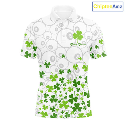 Custom Green Shamrock Pattern White 8 Ball Billiard Shirts For Men St Patrick's Day Team Billiard Shirt NYN4327