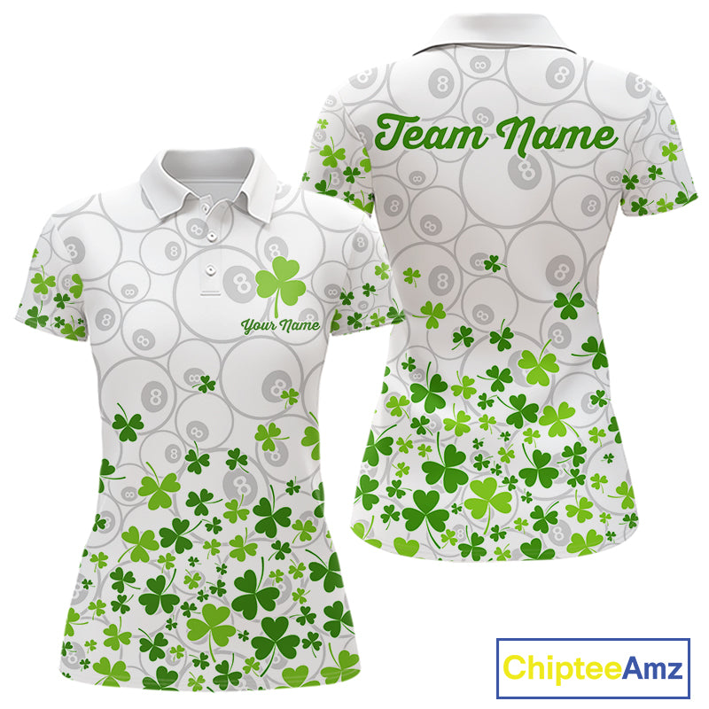Custom Green Shamrock Pattern White 8 Ball Billiard Shirts For Women St Patrick's Day Team Billiard Shirt NYN4327