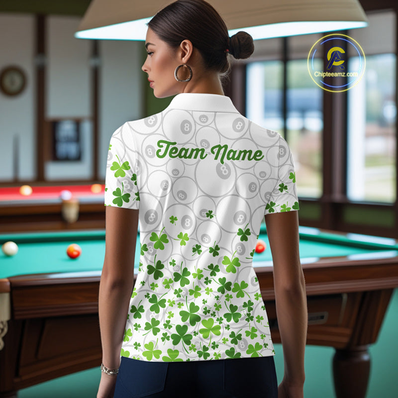 Custom Green Shamrock Pattern White 8 Ball Billiard Shirts For Women St Patrick's Day Team Billiard Shirt NYN4327
