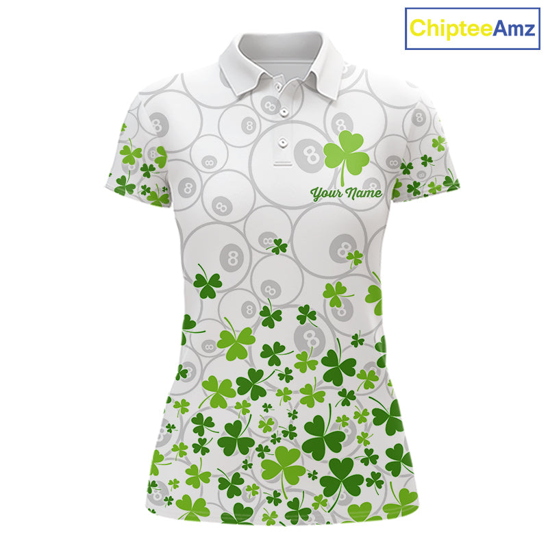 Custom Green Shamrock Pattern White 8 Ball Billiard Shirts For Women St Patrick's Day Team Billiard Shirt NYN4327
