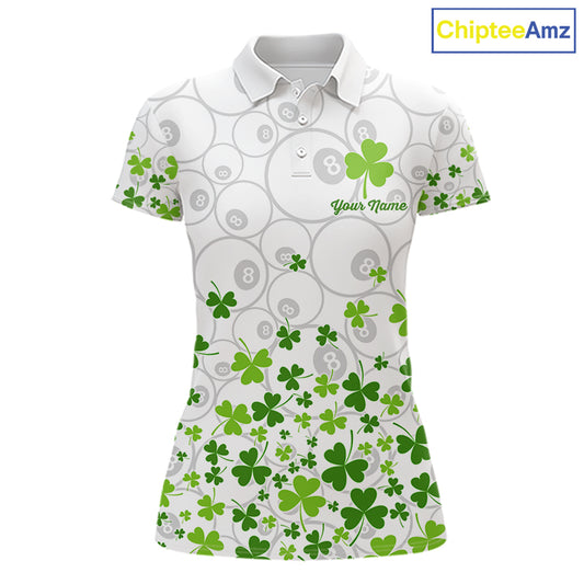 Custom Green Shamrock Pattern White 8 Ball Billiard Shirts For Women St Patrick's Day Team Billiard Shirt NYN4327