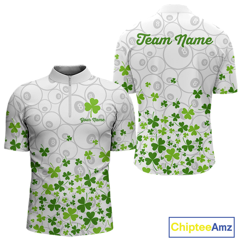 Custom Green Shamrock Pattern White 8 Ball Billiard Shirts For Men St Patrick's Day Team Billiard Shirt NYN4327