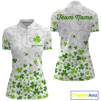 Custom Green Shamrock Pattern White 8 Ball Billiard Shirts For Women St Patrick's Day Team Billiard Shirt NYN4327