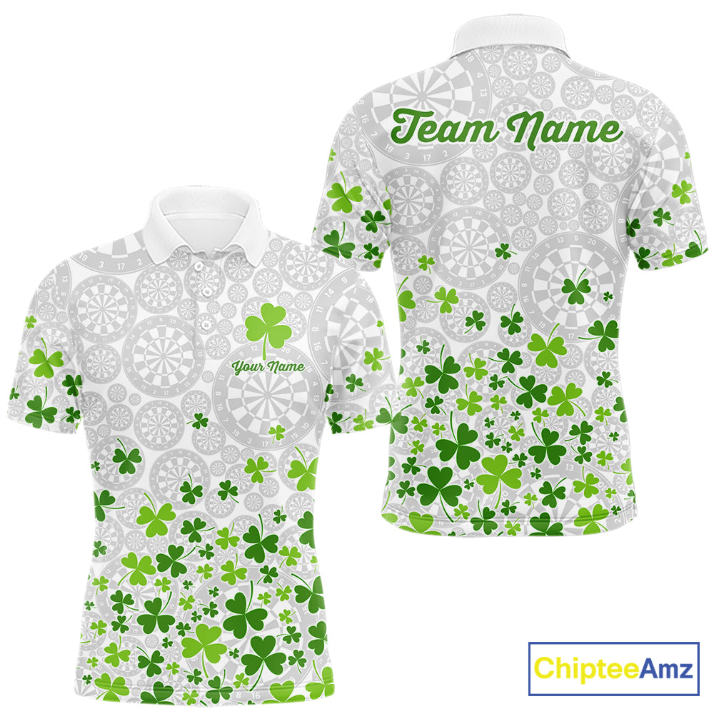 Custom Green Shamrock Pattern White Dartboard Darts Shirts For Men, St Patrick's Day Team Darts Shirts NYN4328