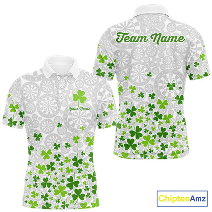 Custom Green Shamrock Pattern White Dartboard Darts Shirts For Men, St Patrick's Day Team Darts Shirts NYN4328