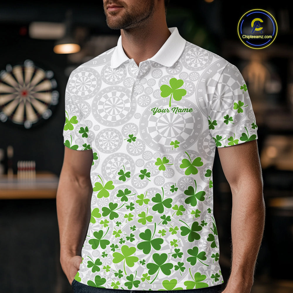 Custom Green Shamrock Pattern White Dartboard Darts Shirts For Men, St Patrick's Day Team Darts Shirts NYN4328