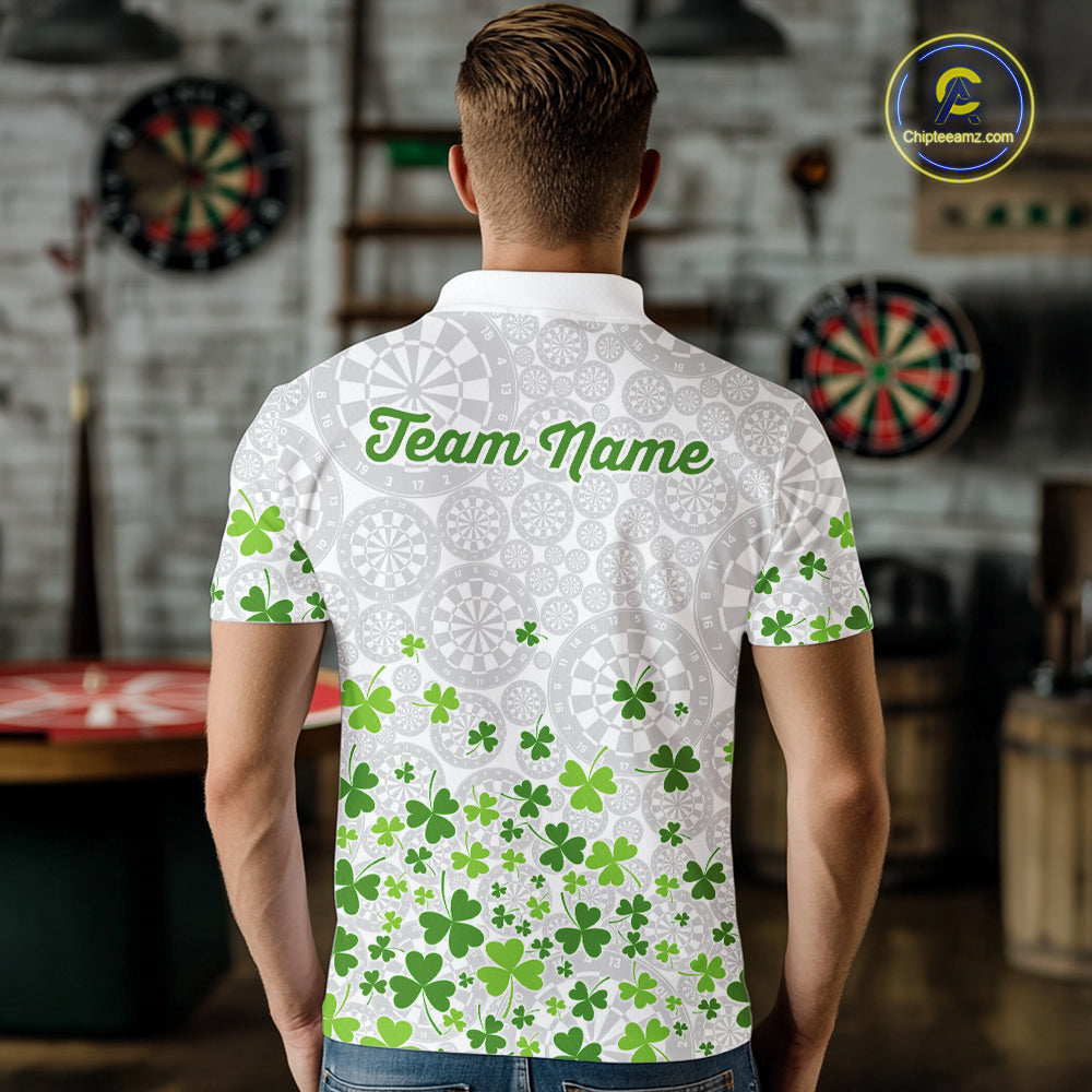 Custom Green Shamrock Pattern White Dartboard Darts Shirts For Men, St Patrick's Day Team Darts Shirts NYN4328