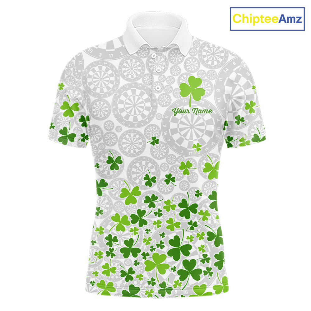 Custom Green Shamrock Pattern White Dartboard Darts Shirts For Men, St Patrick's Day Team Darts Shirts NYN4328