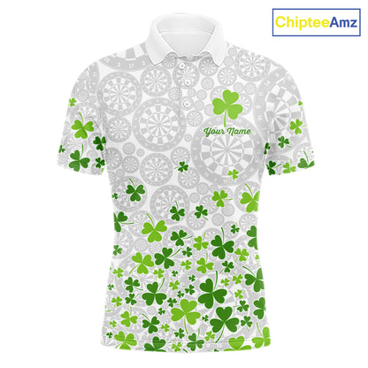 Custom Green Shamrock Pattern White Dartboard Darts Shirts For Men, St Patrick's Day Team Darts Shirts NYN4328