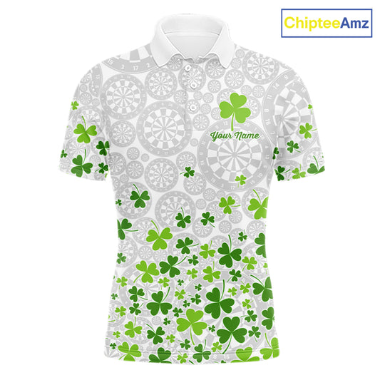 Custom Green Shamrock Pattern White Dartboard Darts Shirts For Men, St Patrick's Day Team Darts Shirts NYN4328