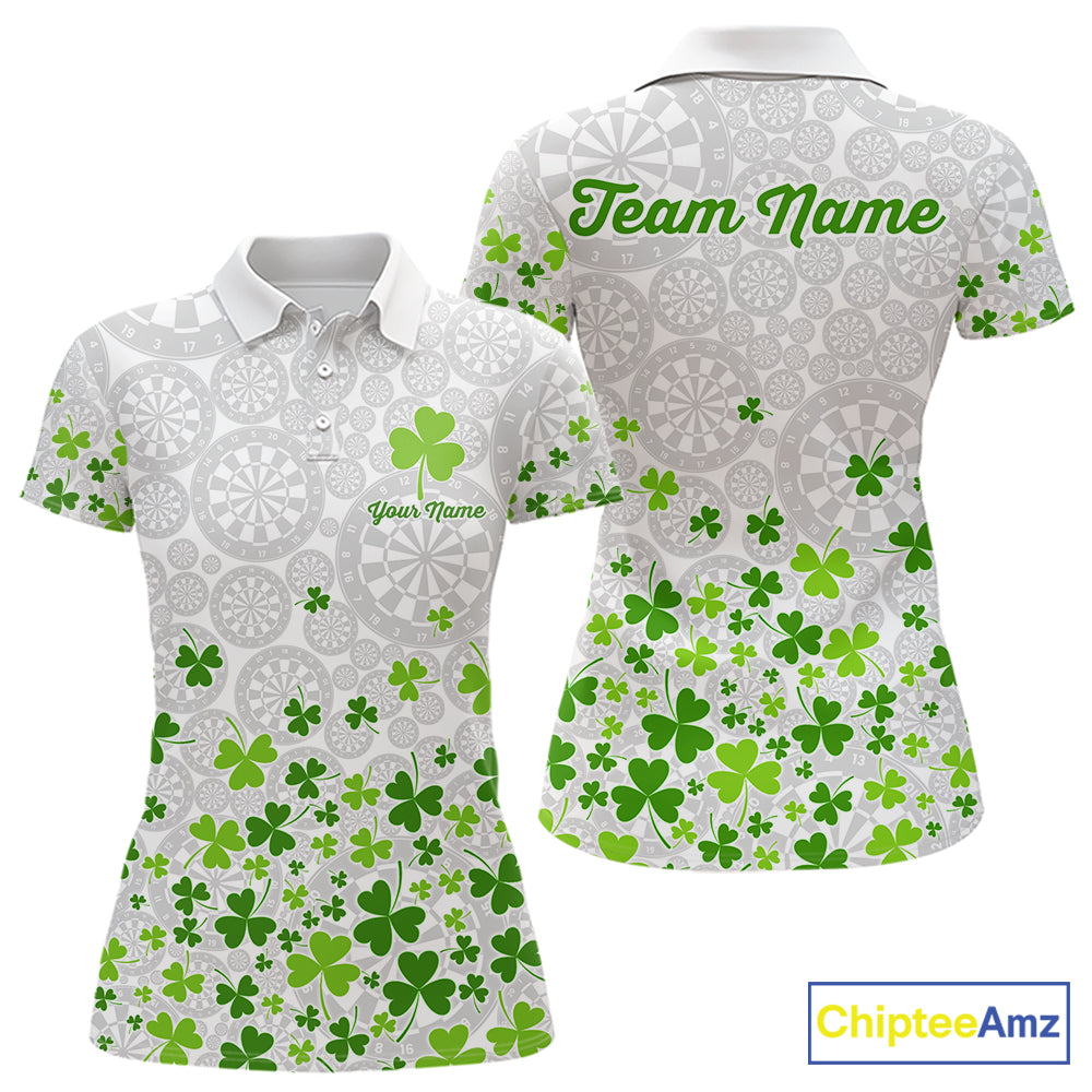 Custom Green Shamrock Pattern White Dartboard Darts Shirts For Women, St Patrick's Day Team Darts Shirts NYN4328