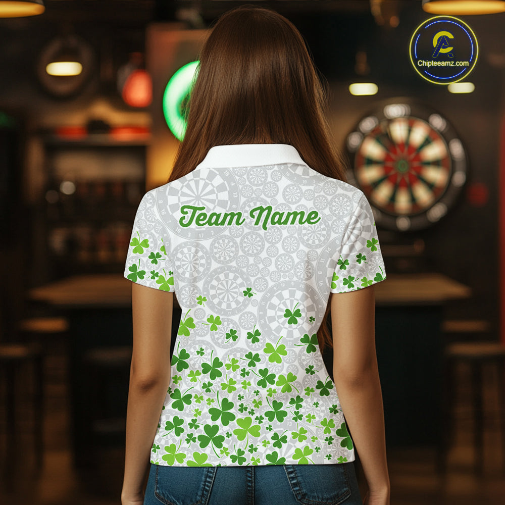 Custom Green Shamrock Pattern White Dartboard Darts Shirts For Women, St Patrick's Day Team Darts Shirts NYN4328