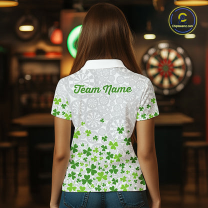 Custom Green Shamrock Pattern White Dartboard Darts Shirts For Women, St Patrick's Day Team Darts Shirts NYN4328