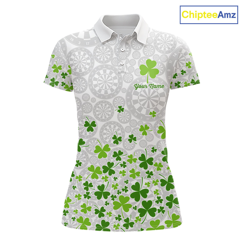 Custom Green Shamrock Pattern White Dartboard Darts Shirts For Women, St Patrick's Day Team Darts Shirts NYN4328