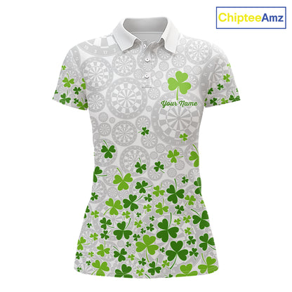 Custom Green Shamrock Pattern White Dartboard Darts Shirts For Women, St Patrick's Day Team Darts Shirts NYN4328