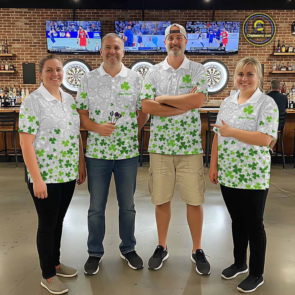 Custom Green Shamrock Pattern White Dartboard Darts Shirts For Men, St Patrick's Day Team Darts Shirts NYN4328