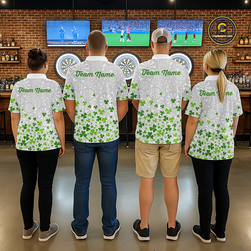 Custom Green Shamrock Pattern White Dartboard Darts Shirts For Men, St Patrick's Day Team Darts Shirts NYN4328