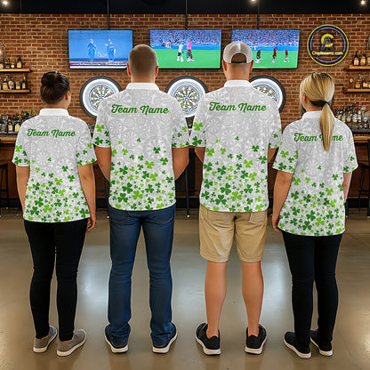 Custom Green Shamrock Pattern White Dartboard Darts Shirts For Men, St Patrick's Day Team Darts Shirts NYN4328