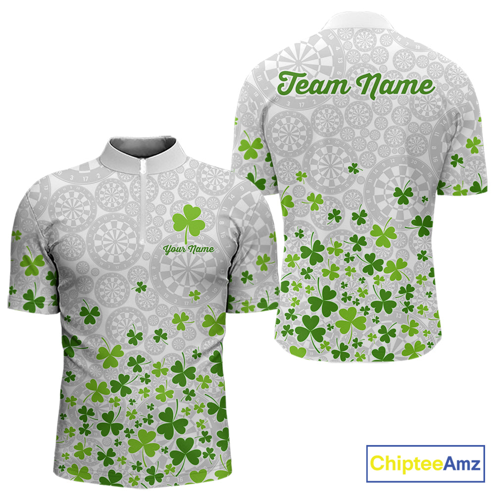 Custom Green Shamrock Pattern White Dartboard Darts Shirts For Men, St Patrick's Day Team Darts Shirts NYN4328