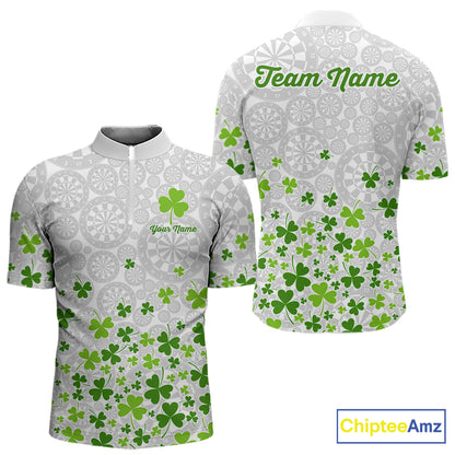 Custom Green Shamrock Pattern White Dartboard Darts Shirts For Men, St Patrick's Day Team Darts Shirts NYN4328