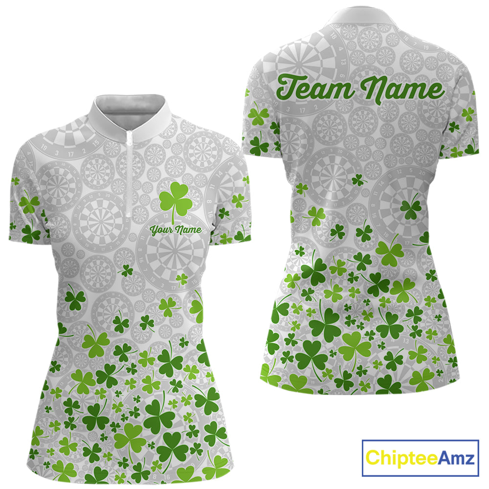 Custom Green Shamrock Pattern White Dartboard Darts Shirts For Women, St Patrick's Day Team Darts Shirts NYN4328